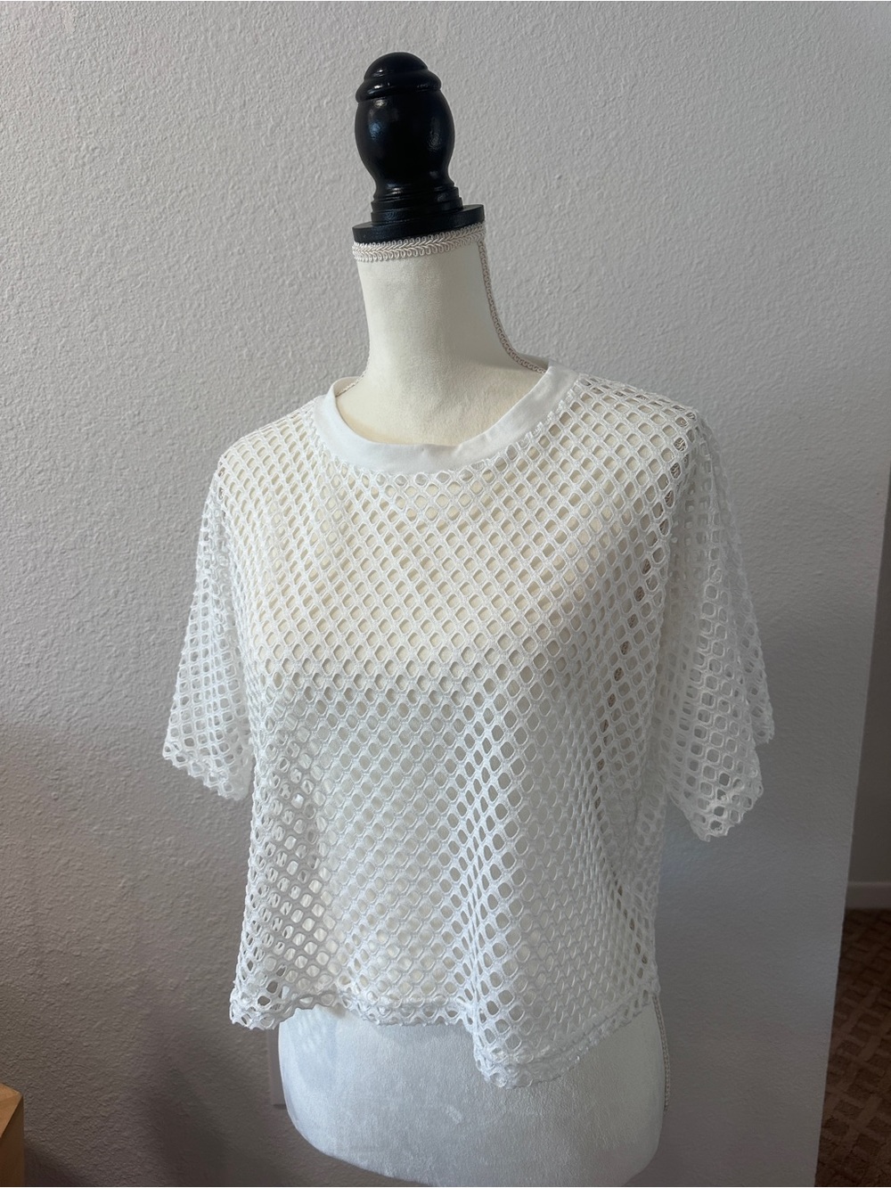 Women’s White Mesh Overlay Short Sleeve Top - 1990s Style